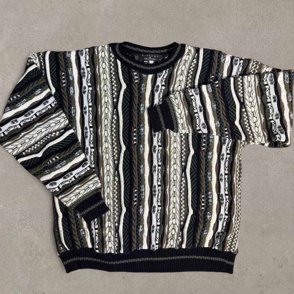 Vintage Protege Collection 3D Knit Sweater Mens M Coogi Style 90s Black Olive